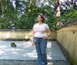 Me by a Zen garden at the Japanese Garden in Portland