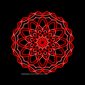 Radially symetric geometric design in shades of red and pink on black background