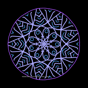 Radially symmetric geometric design in shades of blue on a black background