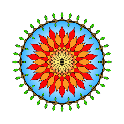 transparent background, 18-fold symmetrical mandala with yellow/orange/red center, blue, then brown/green edge