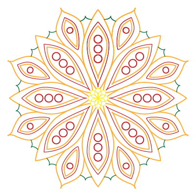 square image, transparent background, outlines in orange, red, and green, mandala with 8-fold symmetry