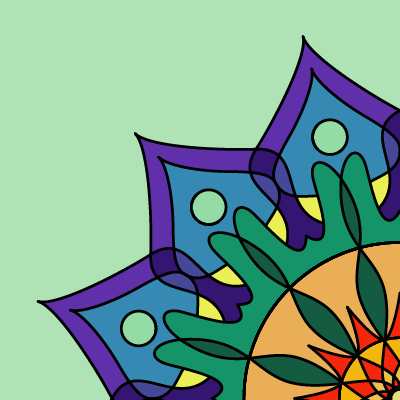 square image, light green background, lower right issuing 3 points of a mandala, in blues, purples, and greens towards the edge and oranges and red towards the center