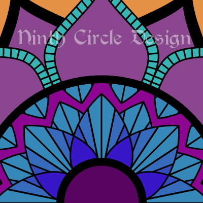 square image with orange background mostly obscured by a geometric mandala colored in blues and purples