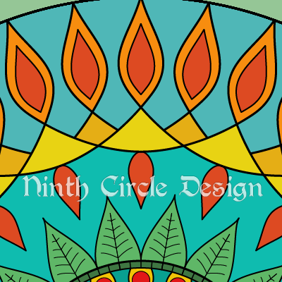 square image, snippet of a mandala in blues, greens, and red-orange-yellows