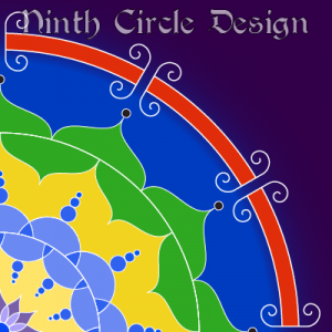 square image of the upper right quadrant of a mandala - yellow and light blue near the center, then green, deep blue, red, and deep purple, all with white outlines