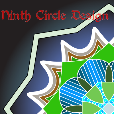 square image with black/blue background; issuing from lower right is a quadrant of a mandala with green/blue center, white/brown edges