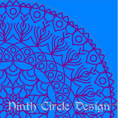 square image, blue background, red outlines of a mandala centered near lower left