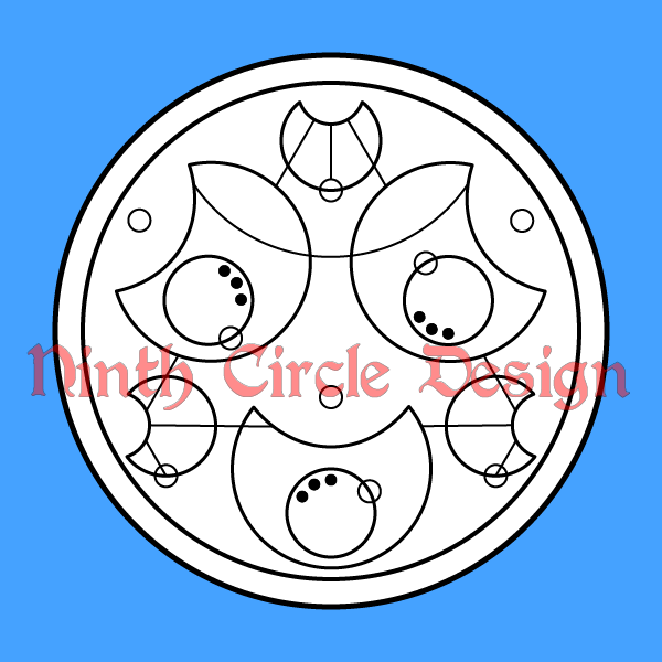 square image, blue background, white circle containing circular design in black lines on white, saying 'love is love is love is' in circular Gallifreyan