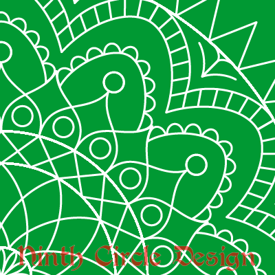 square image, green background, white outline mandala centered on the lower left corner