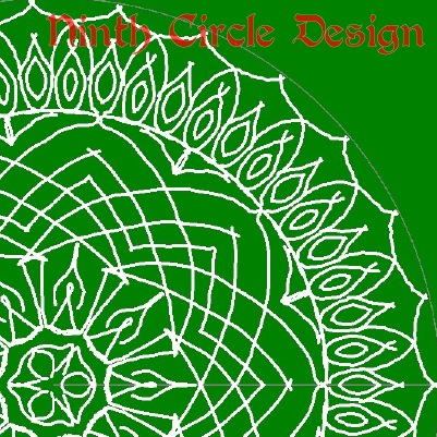 square image, green background, white outline mandala centered near lower left